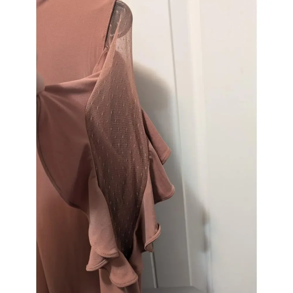 New! Express Ruffle Flutter Sheer Bodycon Vneck Mini Dress Rose Brown Size M - Picture 5 of 11